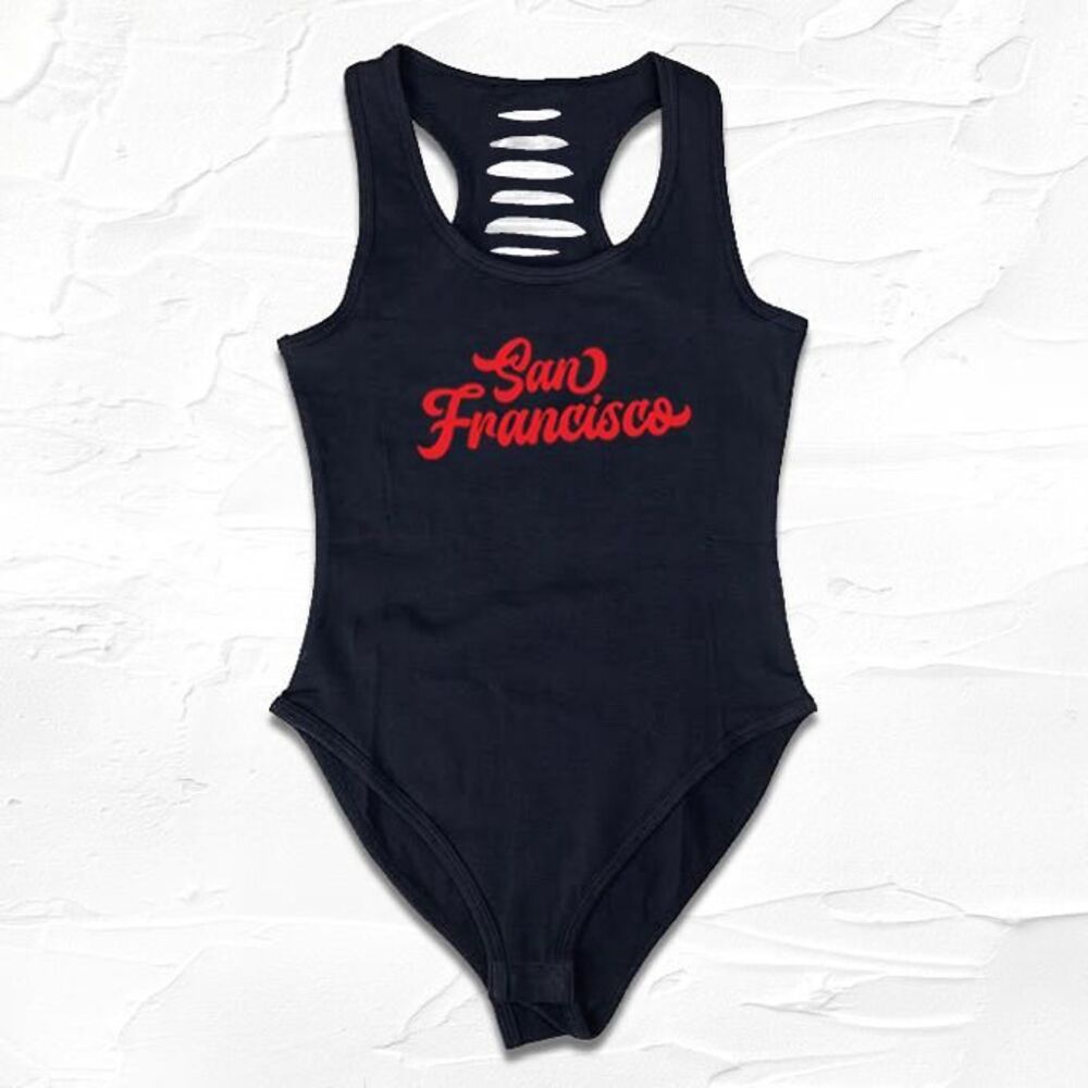 Womens Black Red Handmade San Francisco Script Bodysuit, SF Outfit, Niner Fan